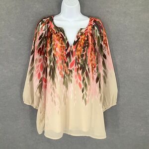 Fig and Flower 2X Blouse Floral Print 3/4 Sleeve V-Neck Flowy Tunic Lined Top